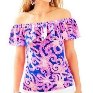 Lilly Pulitzer La Fortuna Off-the-Shoulder Top – Ikat Blue M’Ocean – Size Small